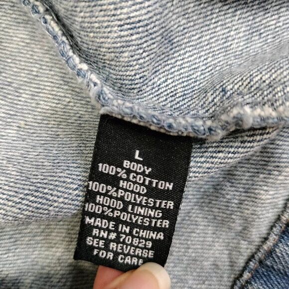 Carbon Grey Hoodie Denim Button Front Distressed Jacket Size Large - Picture 3 of 8